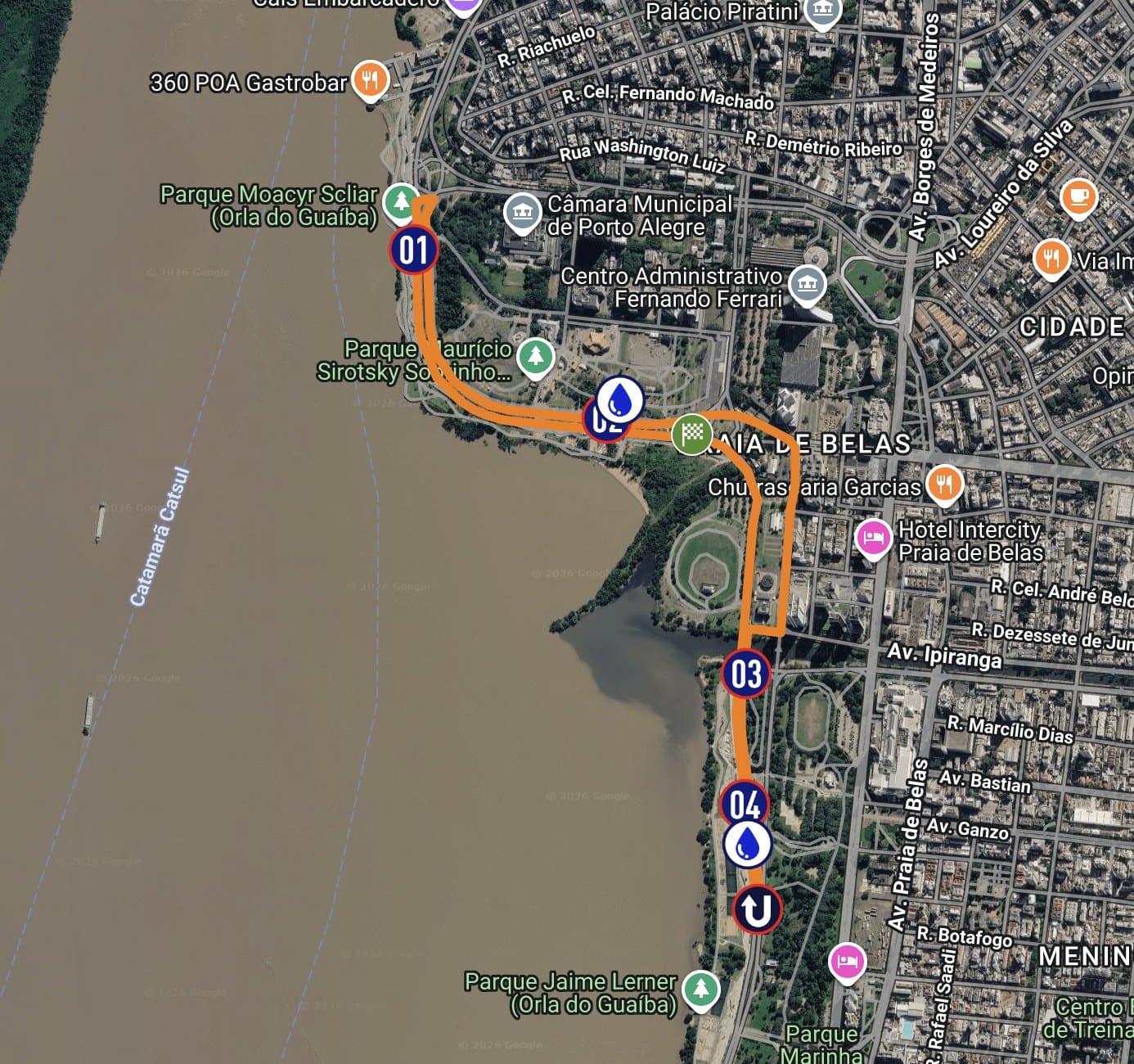 Mapa do percurso de 5km da POA Night Run 2026, com largada na Rótula das Cuias em Porto Alegre