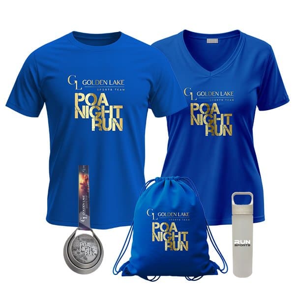 Kit do atleta da POA Night Run 2026: camiseta técnica, número de peito, sacolinha, squeeze e chip de cronometragem